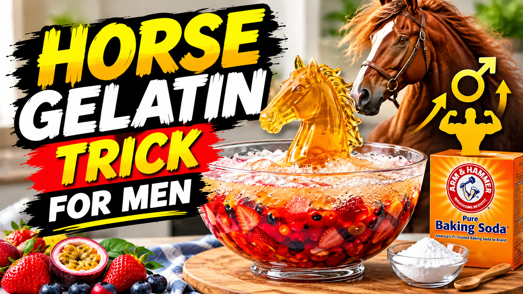 Horse Gelatin Trick for Men graphic with gelatin, fruit and a horse